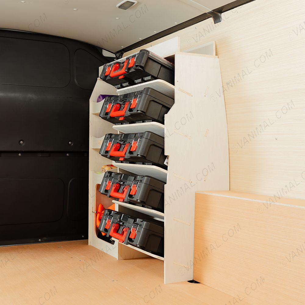 Rear van side angle view of the Fiat Scudo Front Ulti-Rack Van Racking V2 displaying Milwaukee toolboxes