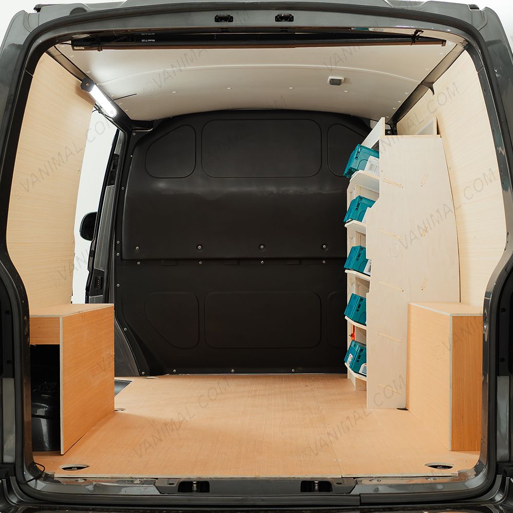 Side van view of the Fiat Scudo Front Ulti-Rack Van Racking V2 displaying Makita toolboxes