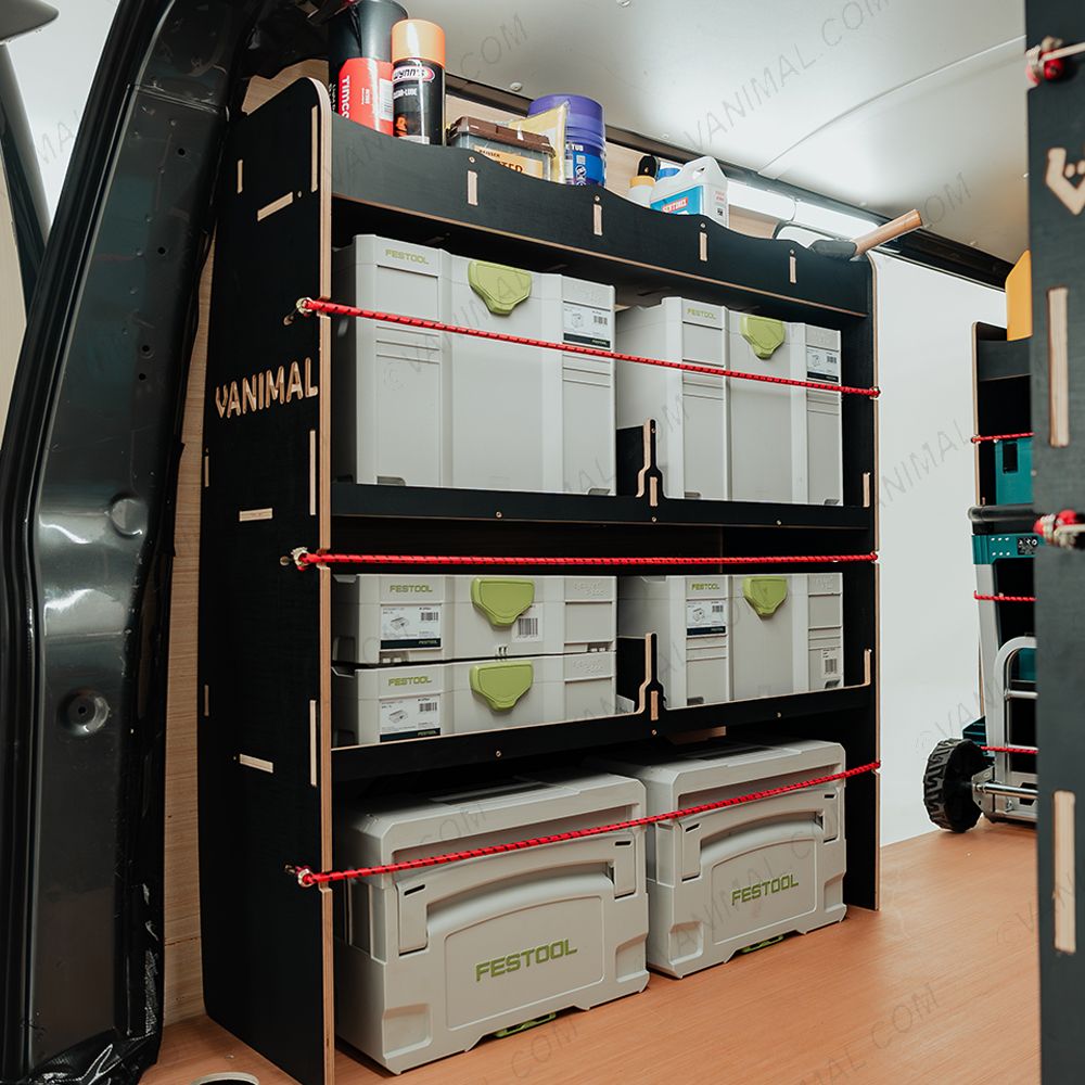 Rear van side angle view of the Fiat Scudo SWB Hexaboard NS Rear MakPac/Toolbox Van Racking displayed with Festool toolboxes and tools