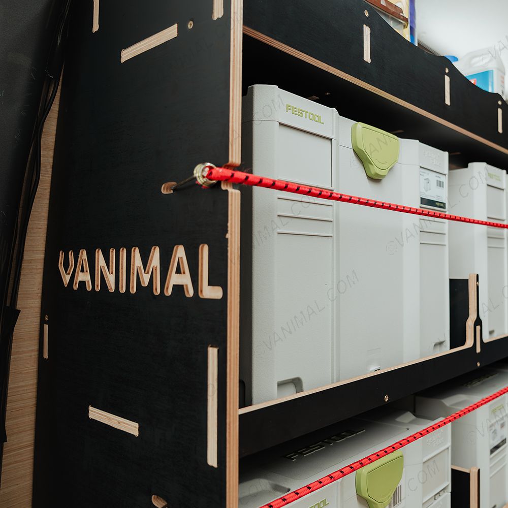 Close-up side panel view of the Vanimal branding and pre-notched for bungee cords