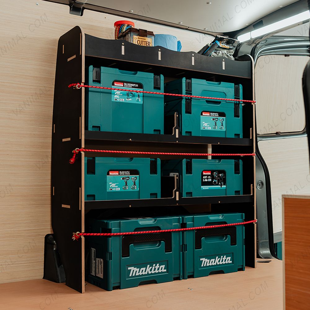 Side van view of the VW Transporter T5/T6 L1 Hexaboard OS Rear MakPac/Toolbox Shelves & Compartments