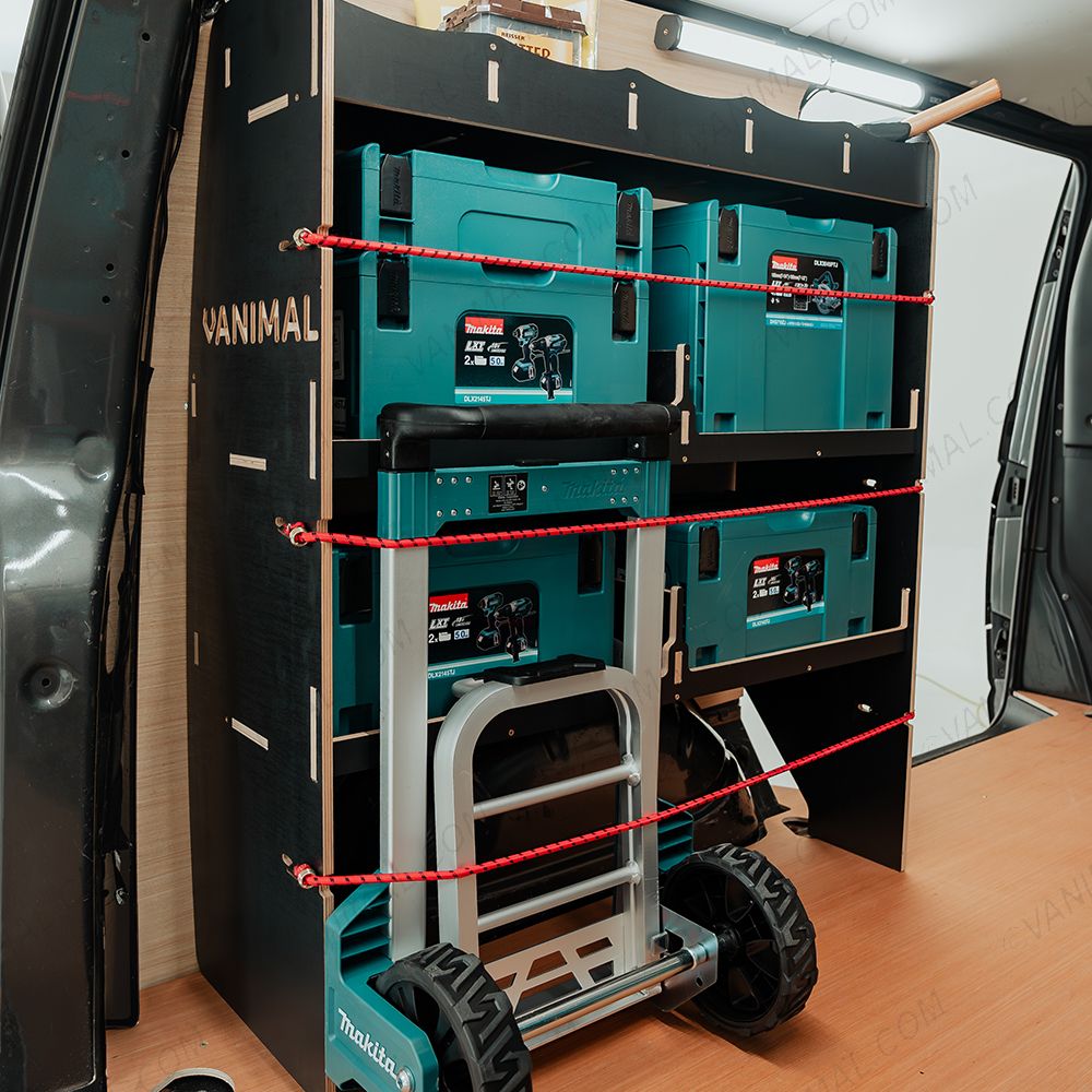 Rear van side angle view of the Fiat Scudo SWB Hexaboard NS Rear MakPac/Toolbox Van Racking displayed with Makita toolboxes and trolley