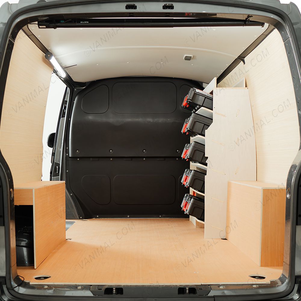 Side van view of the Fiat Scudo Front Ulti-Rack Van Racking V2 displaying Milwaukee toolboxes