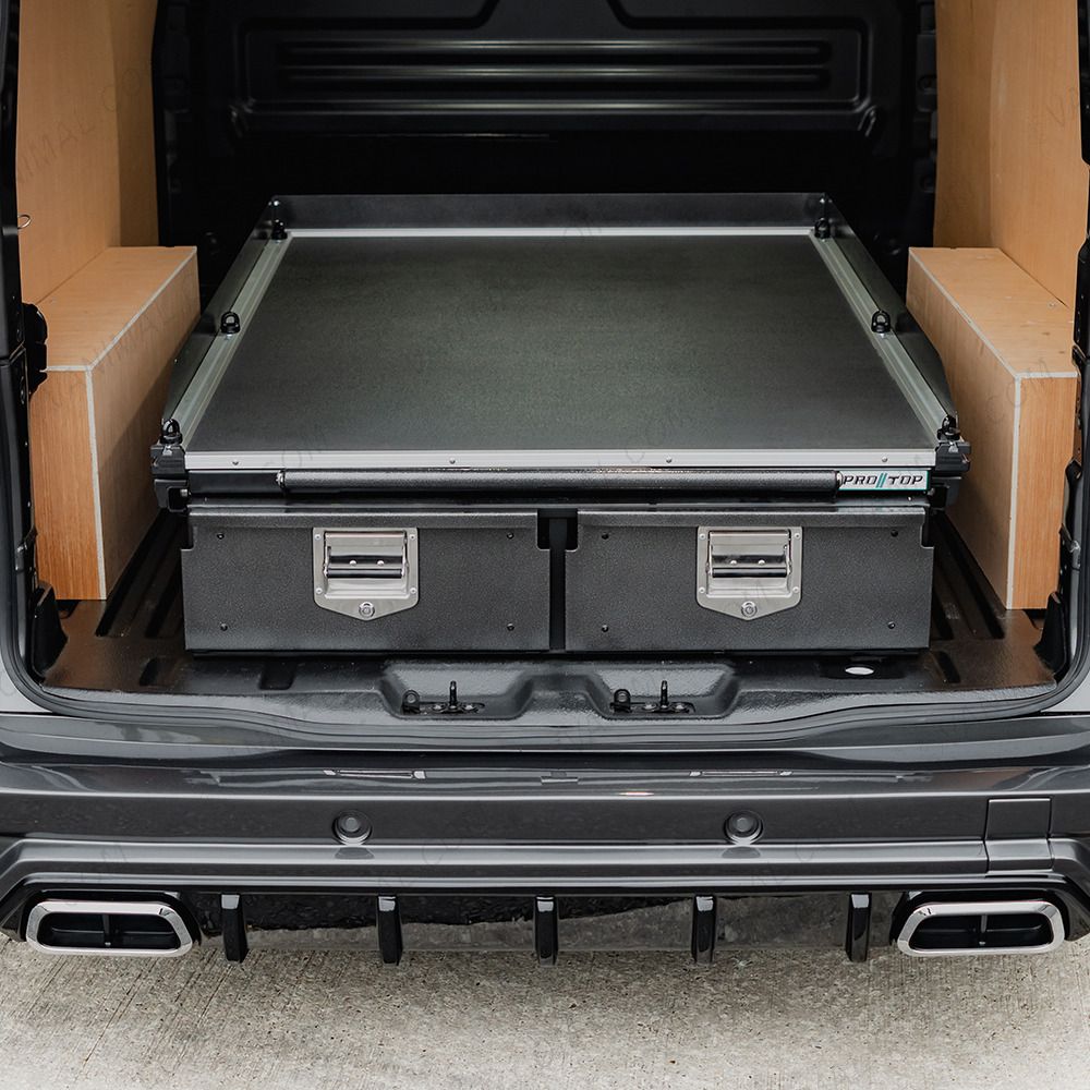 Close-up front view of the VW Transporter T7 2025- ProTop Twin Drawer System with Sliding Tray