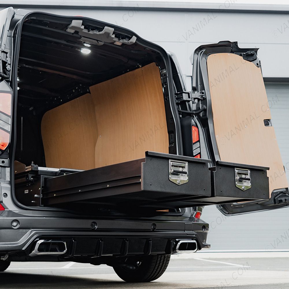 Side van rear view of the VW Transporter T7 2025- ProTop Twin Drawer System with Sliding Tray displayed with drawers open