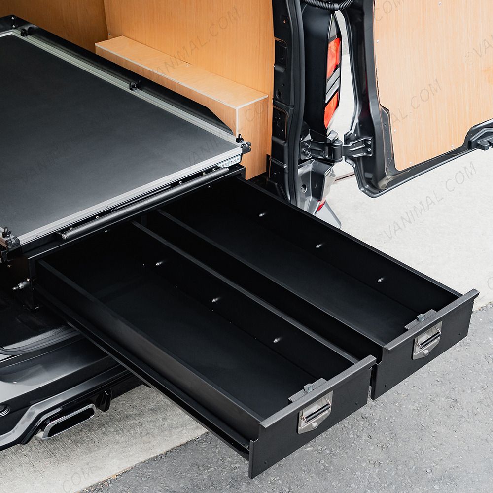 Side van rear top angle view of the VW Transporter T7 2025- ProTop Twin Drawer System with Sliding Tray displayed with drawers open