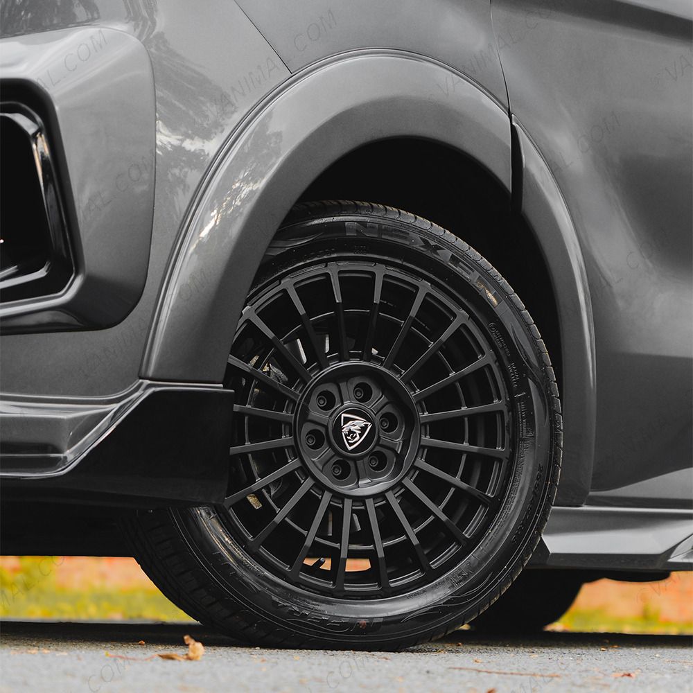 Close-up view of the Transit Custom 2023- LWB Predator Body Kit wheel arches and alloy upgrade