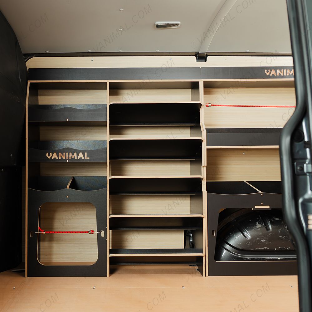 Side van view of the VW Transporter T5/T6 Hexaboard Driver Side Ulti-Rack Van Racking V2 