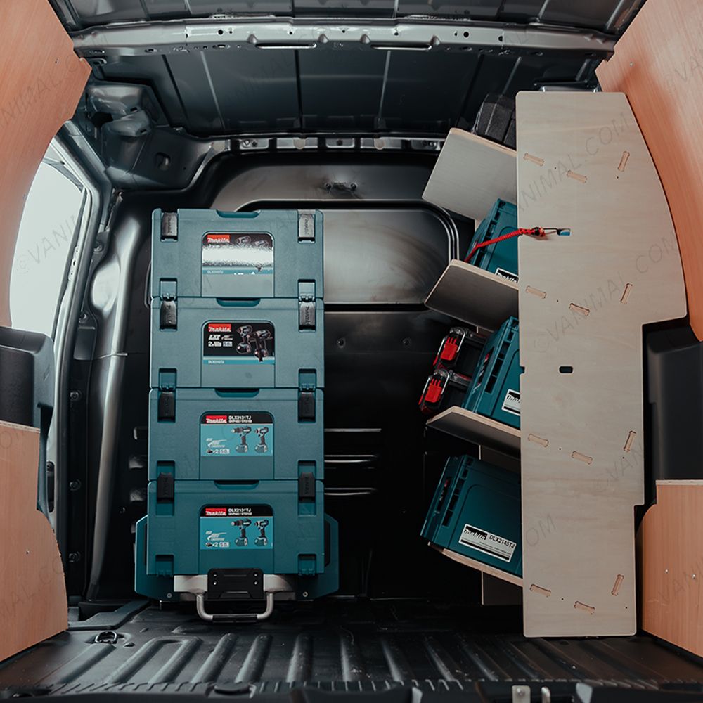 Organised storage solution with 4 angled toolbox shelves for Nissan Townstar L2