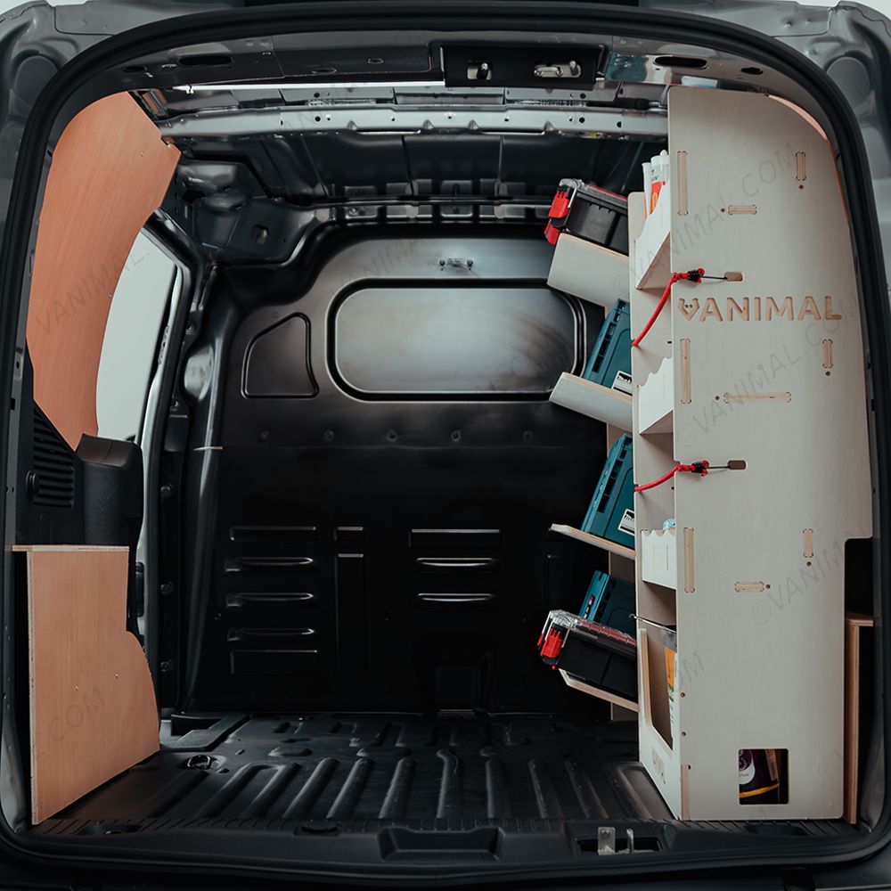 Premium 12mm plywood driver-side racking for Nissan Townstar 2022 L2 with angled toolbox shelves