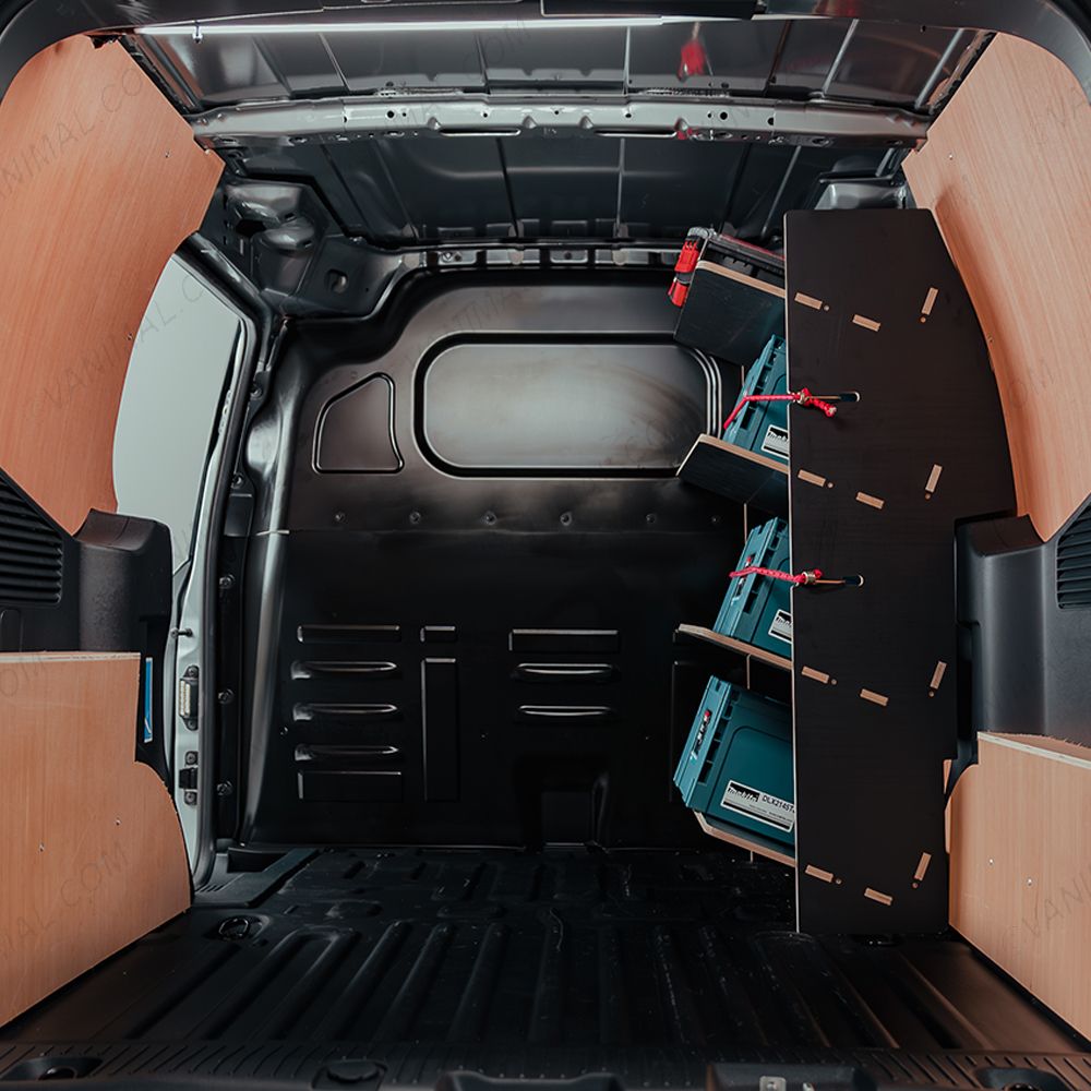 Organised storage solution for Nissan Townstar 2022 L2 OS front toolbox racking, black textured finish