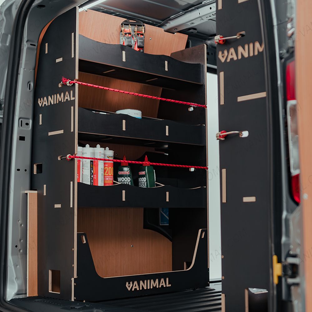 Organised storage solution for Nissan Townstar 2022 L2 van racking, black textured finish