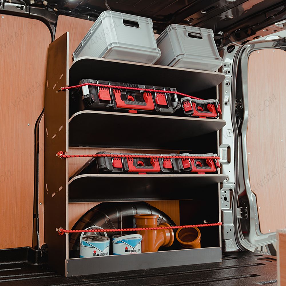 Side van view of the Ford Transit Custom 2023- SWB Hexaboard OS Rear Toolbox Racking with x3 Shelves