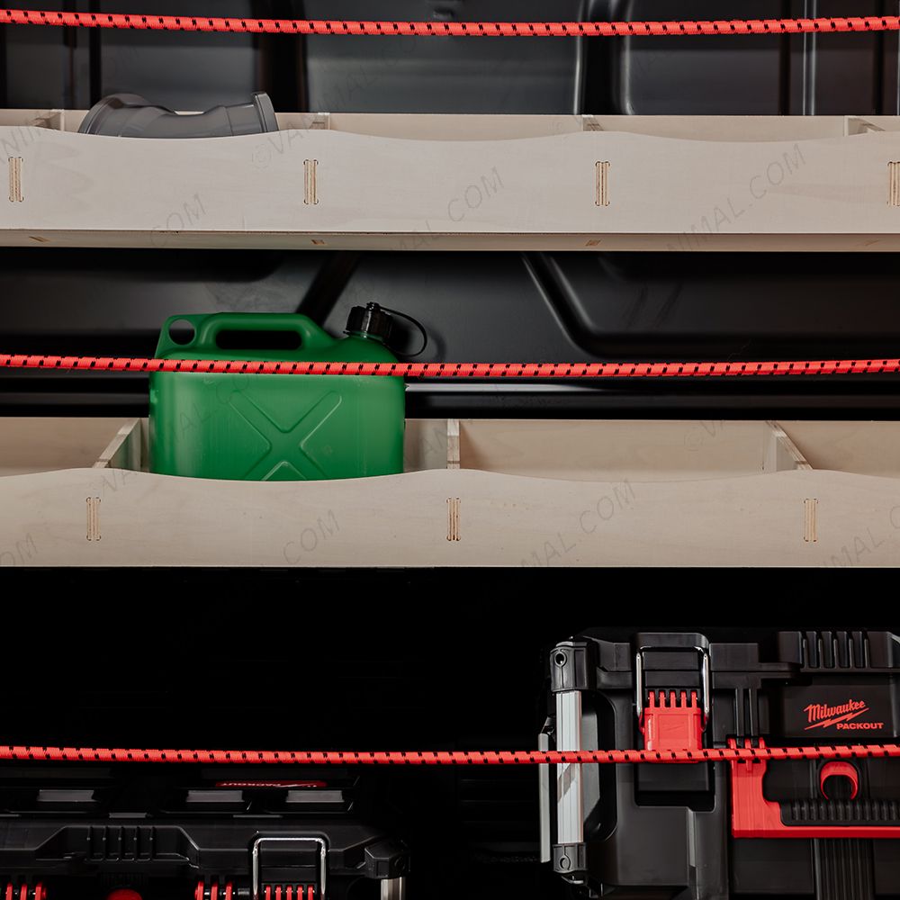 Close-up view of the compartments on the Transit Custom 2023- Full-Width Bulkhead Racking Unit