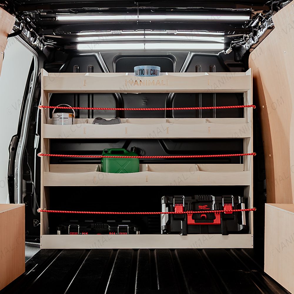 Rear van view of the Ford Transit Custom 2023- Full-Width Bulkhead Racking