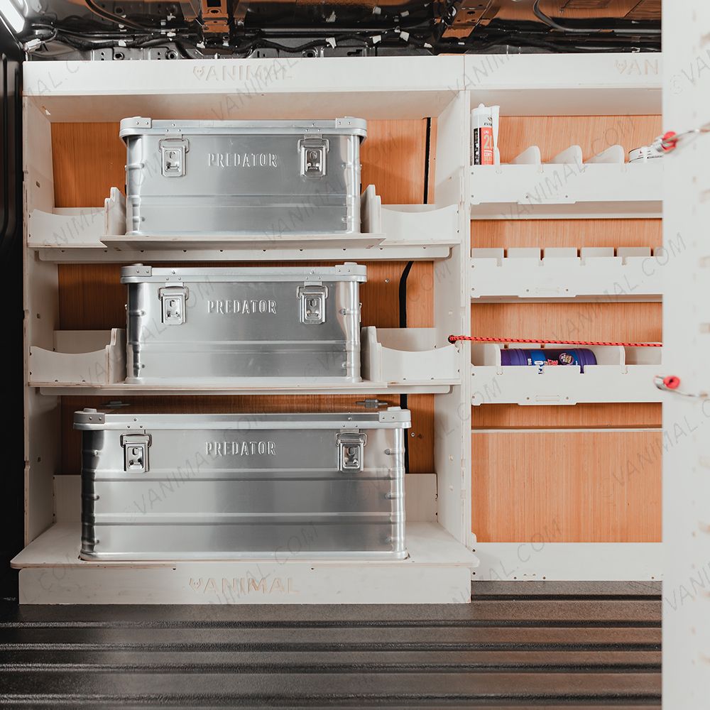 Side van view of the Transit Custom 2023- LWB Adjustable Driver Side Racking + 3 Predator Storage Boxes