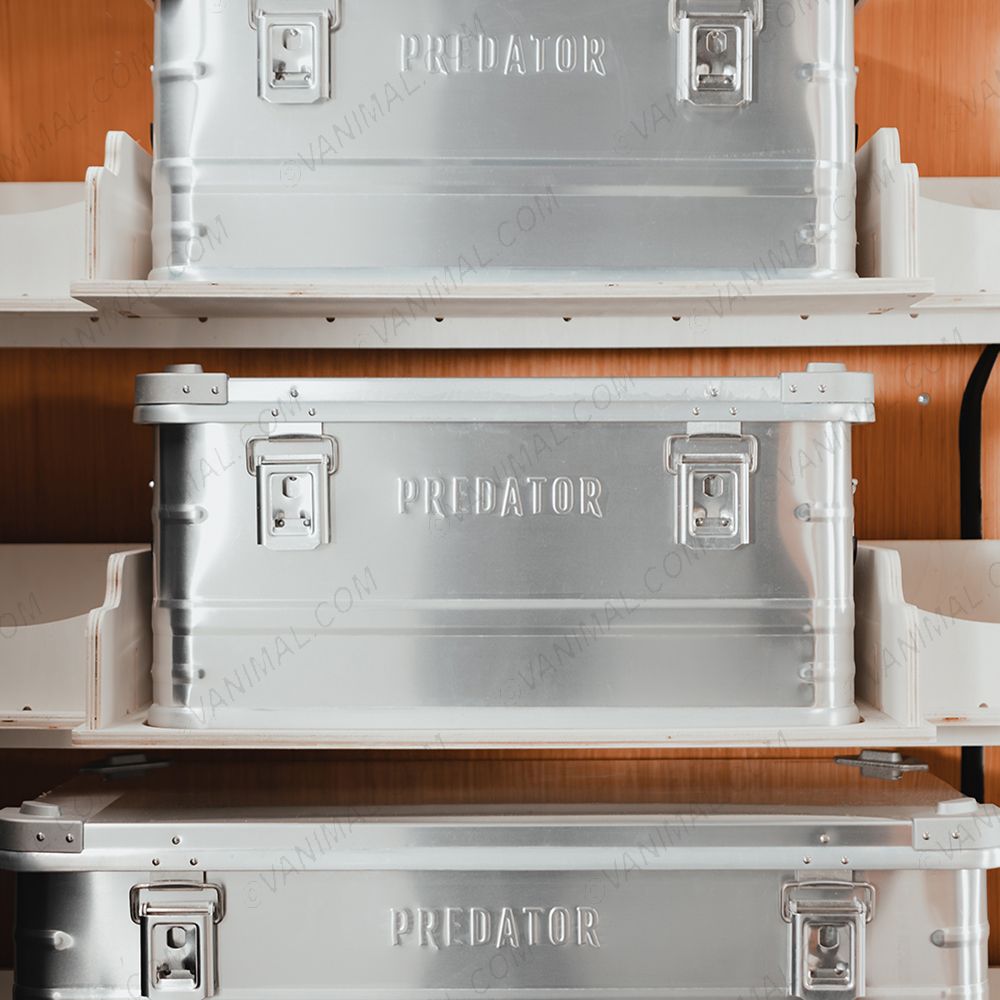 Close-up front view of the Transit Custom 2023- LWB Front Predator Storage Box (x3) Ply Racking System