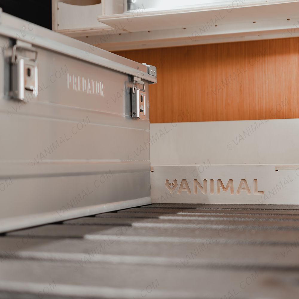 Close-up view of the Vanimal branding located on the bottom of the racking system