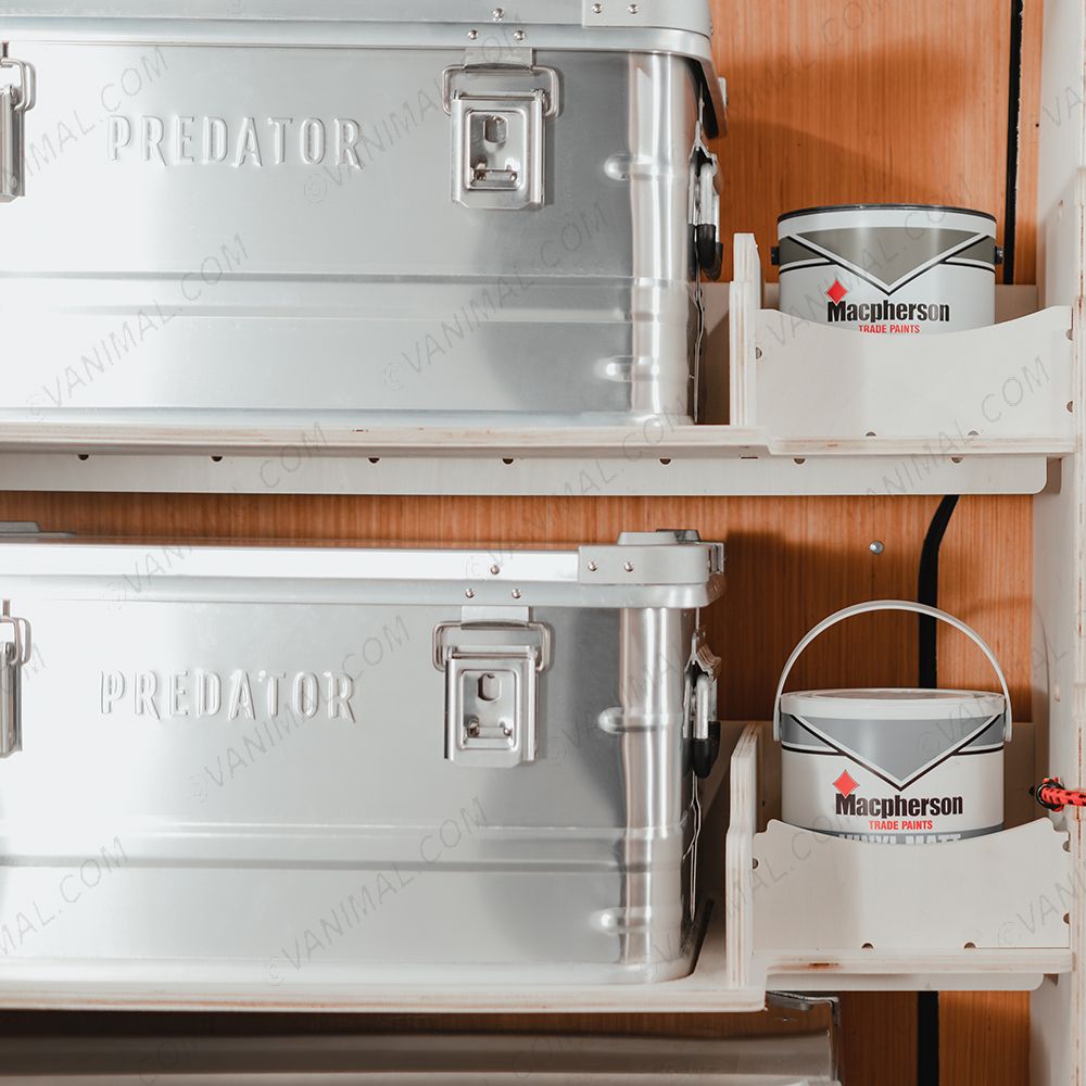 Close-up view of the Transit Custom 2023- LWB Predator Storage Box (x3) Ply Racking System - side storage