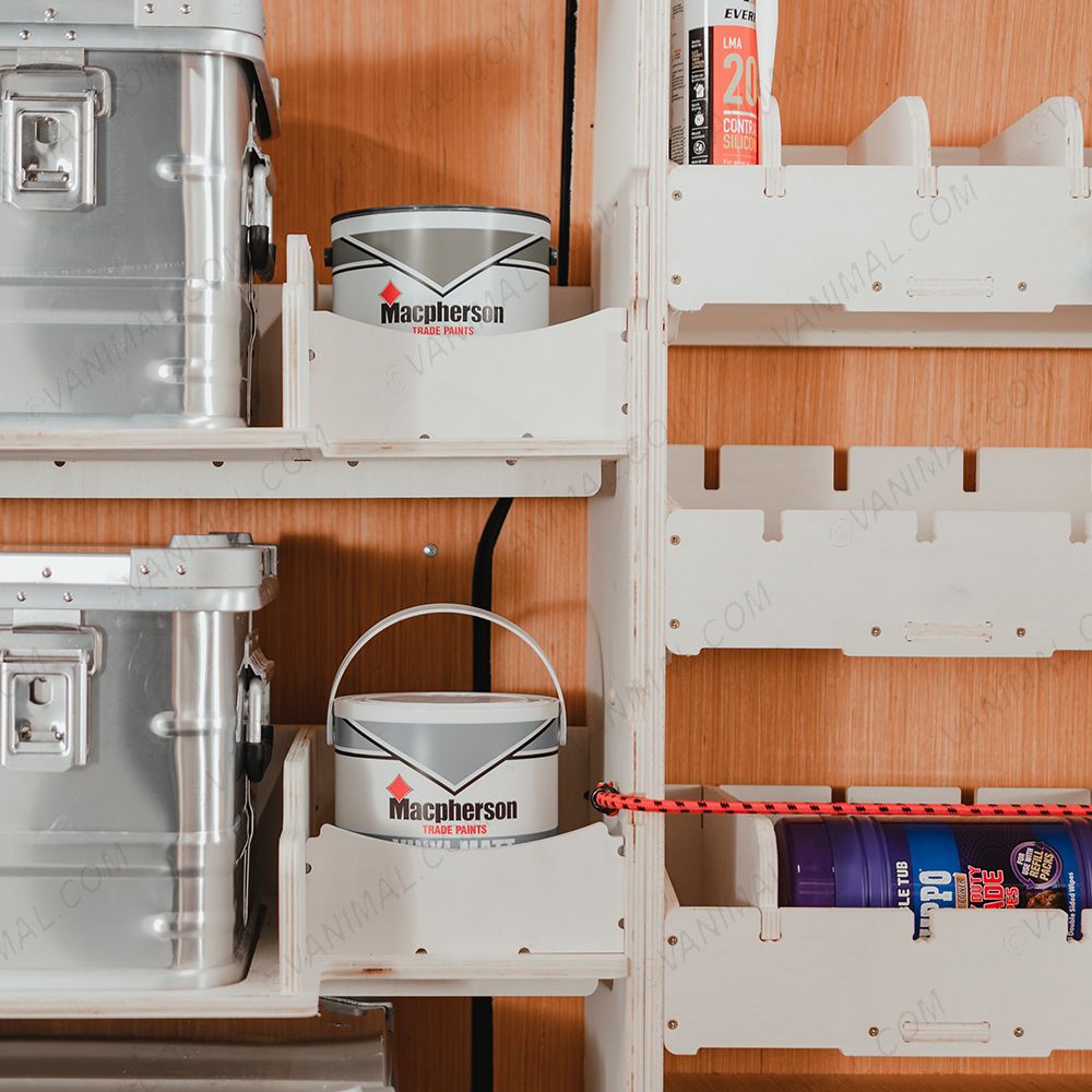 Close-up view of the seamless fit of the Transit Custom 2023- SWB Adjustable Driver Side Racking + 3 Predator Storage Boxes