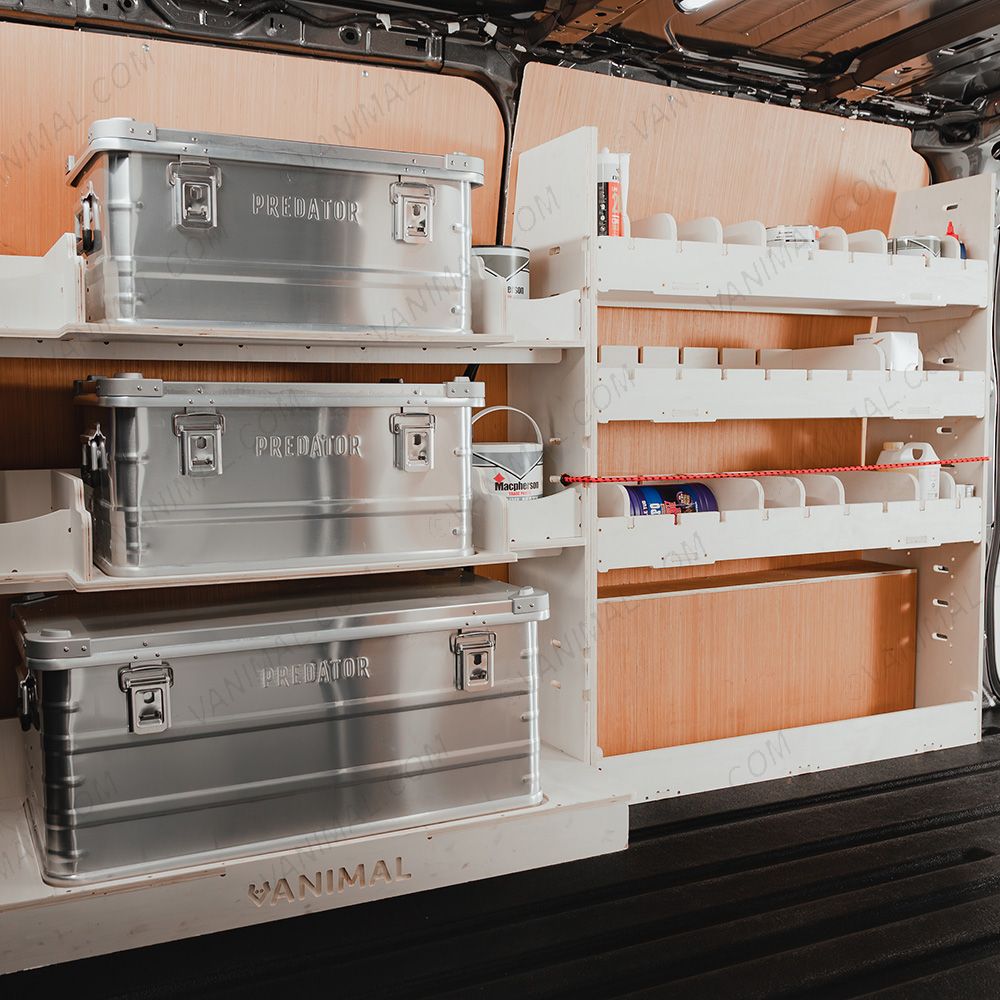 Transit Custom 2023- LWB Adjustable Driver Side Racking + 3 Predator Storage Boxes