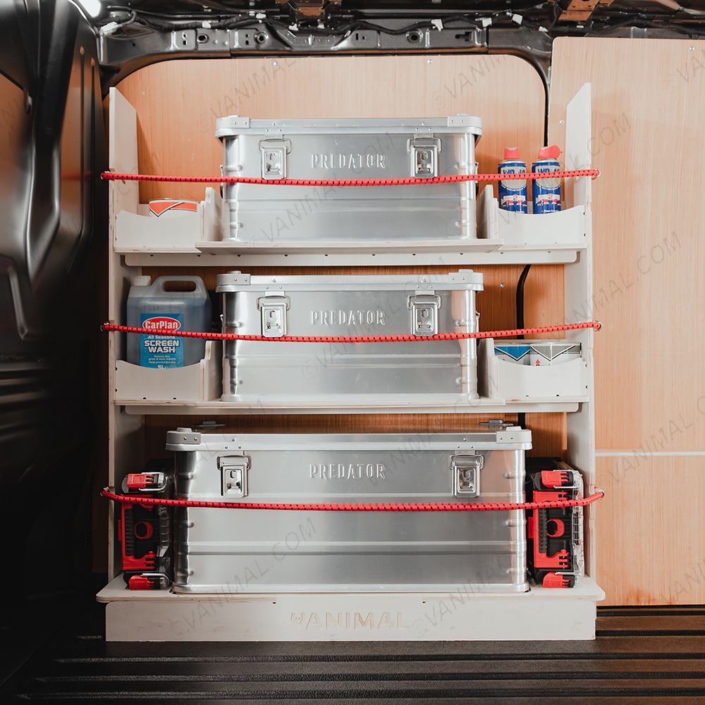 Side van view of the Transit Custom 2023- Front Predator Storage Box (x3) Ply Racking System - displayed with bungee cords