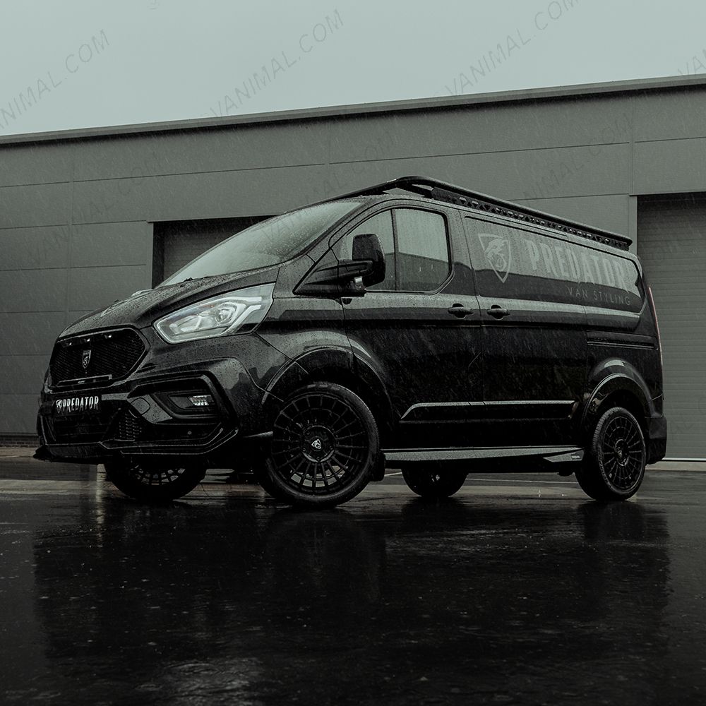 Side angle view of the Ford Transit Custom fitted with 20" Predator Iconic Alloys