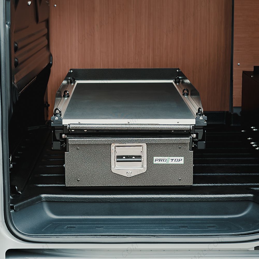 Close-up side van view of the VW Transporter T7 2025- ProTop Drawer System with Sliding Floor