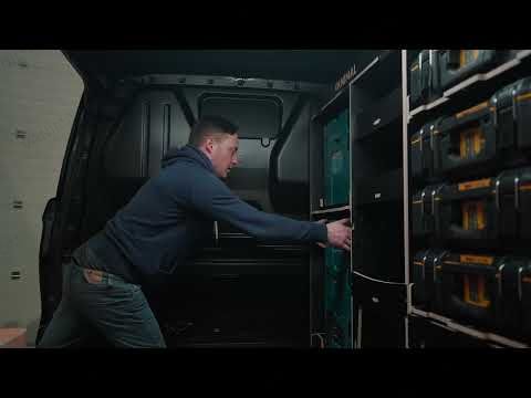 Rear van view of the Scudo 2022- DeWalt ToughSystem 2.0 Trolley Compatible Van Racking (Full OS V2) displayed with DeWalt ToughSystem 2.0 toolboxes