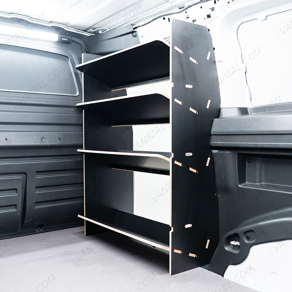 OS side angle view of the Proace City Long Double Front Toolbox Shelving Hexaboard Van Racking - sliding door displayed open