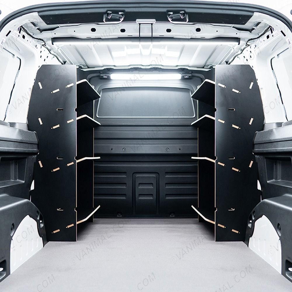 Rear van view of the Proace City Long Double Front Toolbox Shelving Hexaboard Van Racking