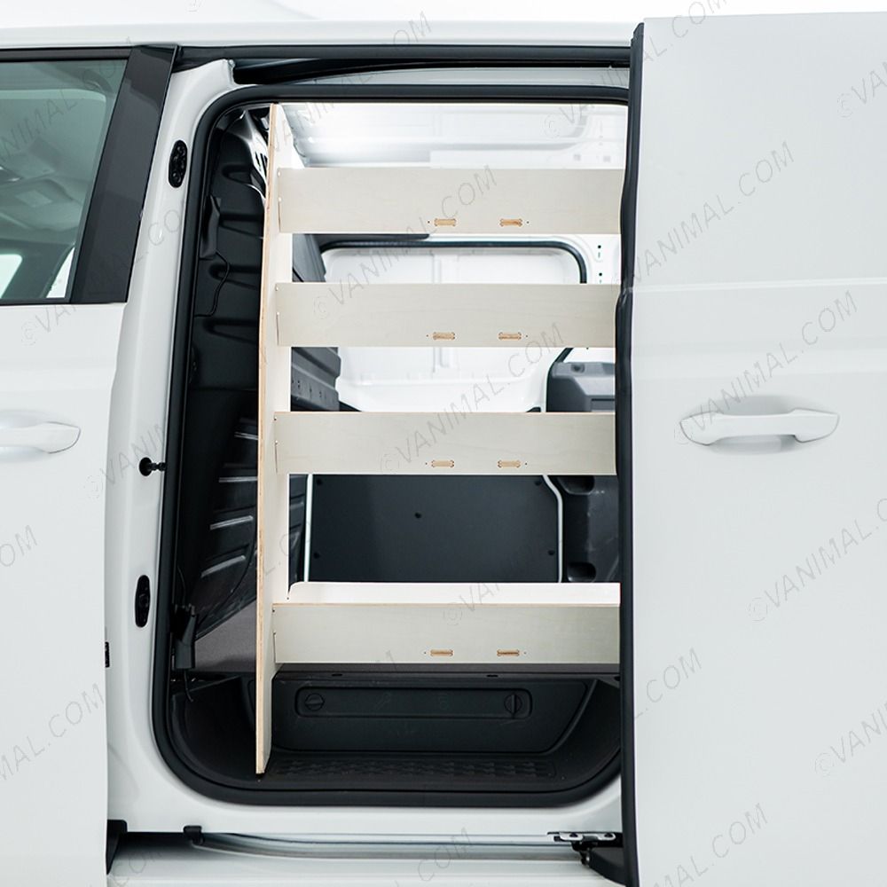 Passenger side view of the NS of the Peugeot Partner L2 Double Front Angled-In Toolbox Shelving Van Racking