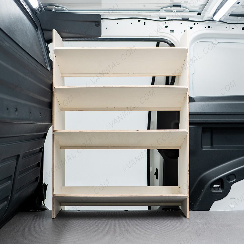 NS side van view of the OS of the Peugeot Partner L2 Double Front Angled-In Toolbox Shelving Van Racking