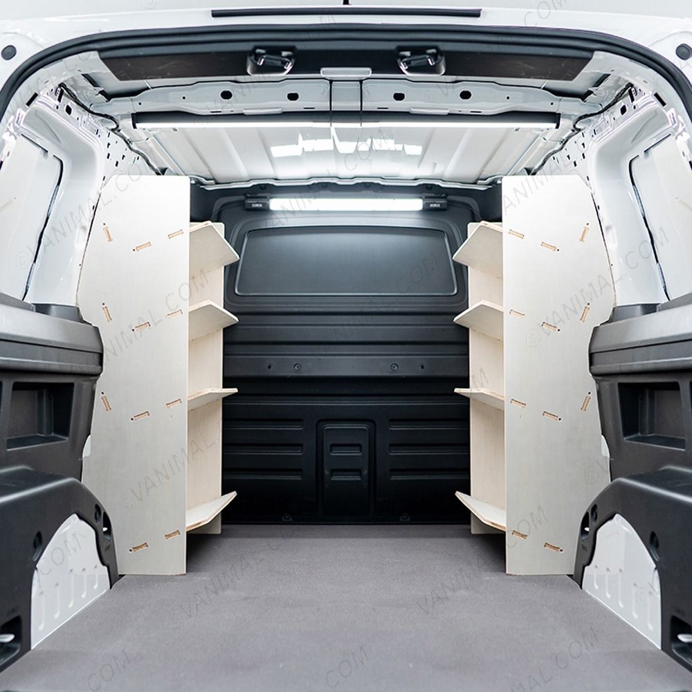 Rear van view of the Partner L2 Double Front Angled-In Toolbox Shelving Van Racking