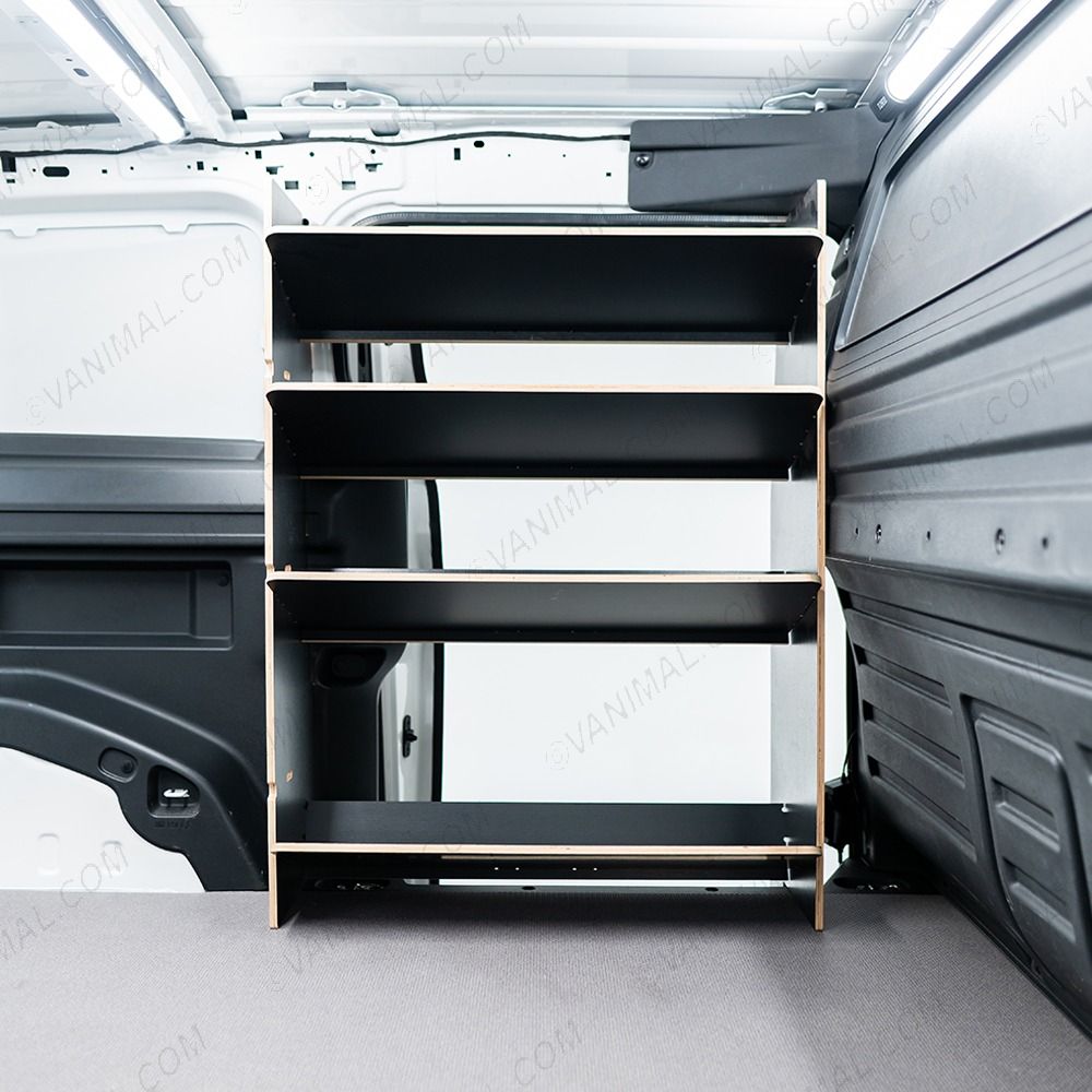 Driver side view of the Proace City Long Double Front NS & Side Load OS Toolbox Hexaboard Van Racking - sliding door displayed open