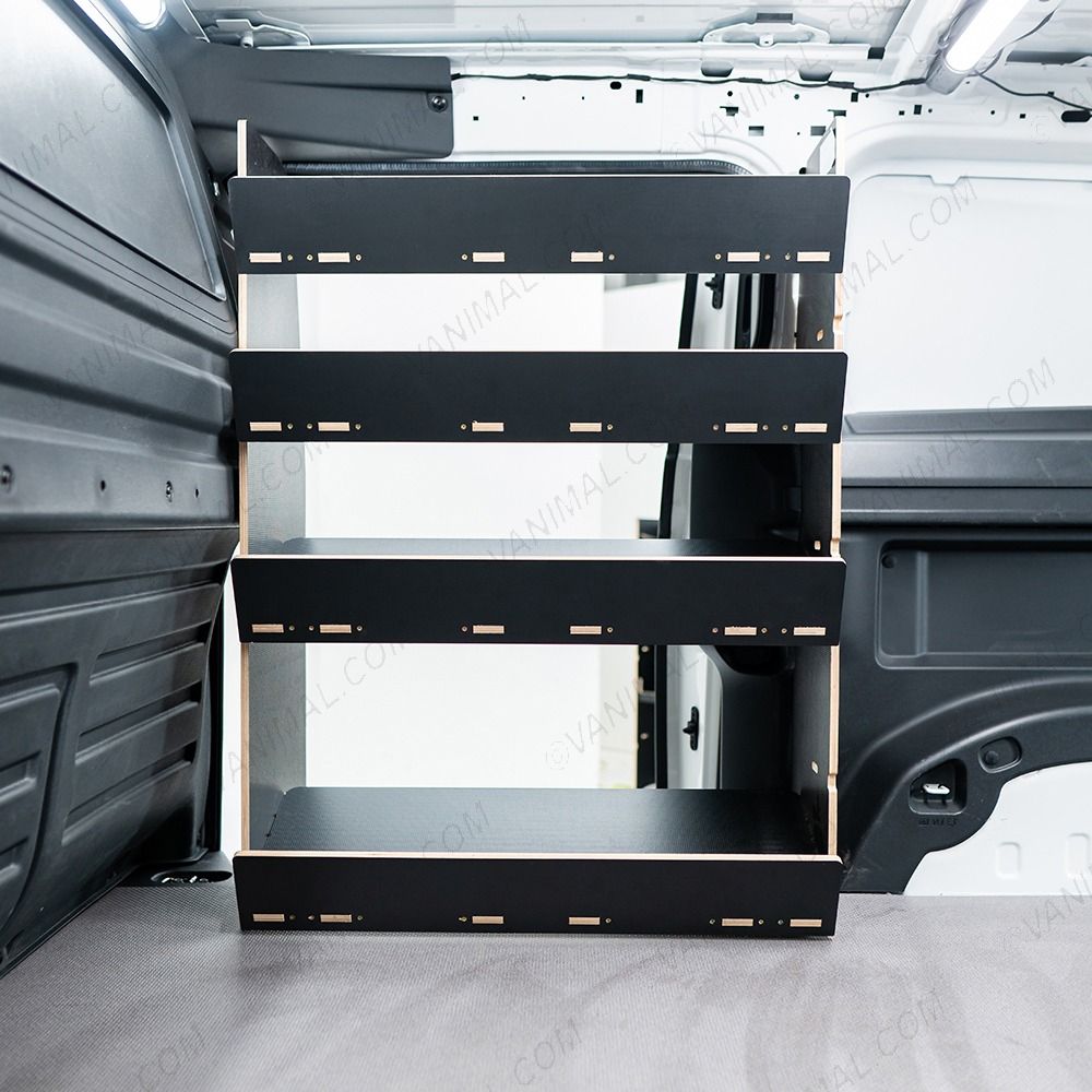Passenger side view of the Proace City Long Double Front NS & Side Load OS Toolbox Hexaboard Van Racking - sliding door displayed open