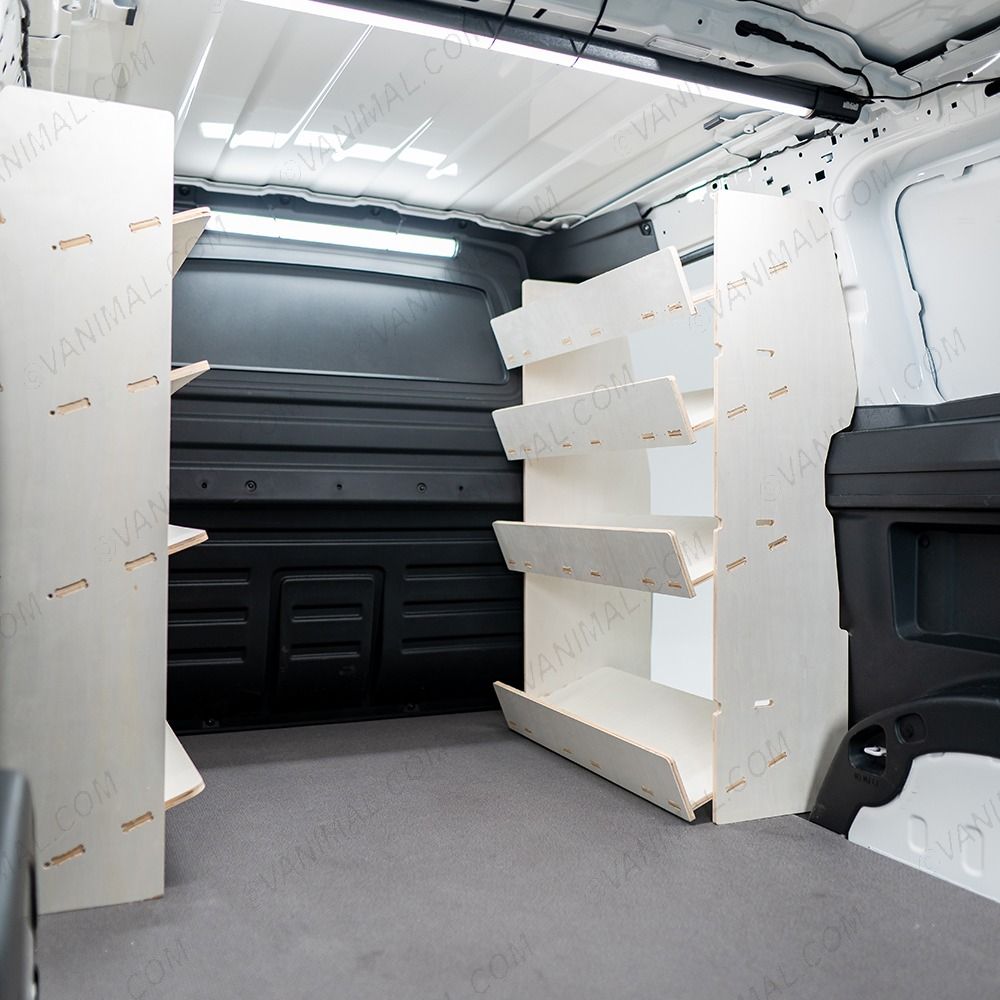 OS side angle view of the Peugeot Partner L2 Double Front NS Toolbox & OS Side Load Van Racking