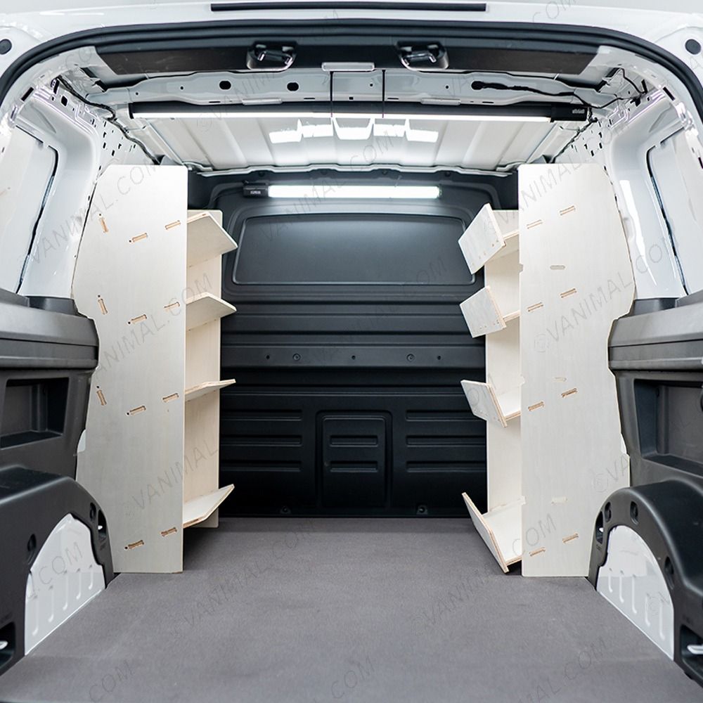 Rear van view of the Partner L2 Double Front NS Toolbox & OS Side Load Van Racking