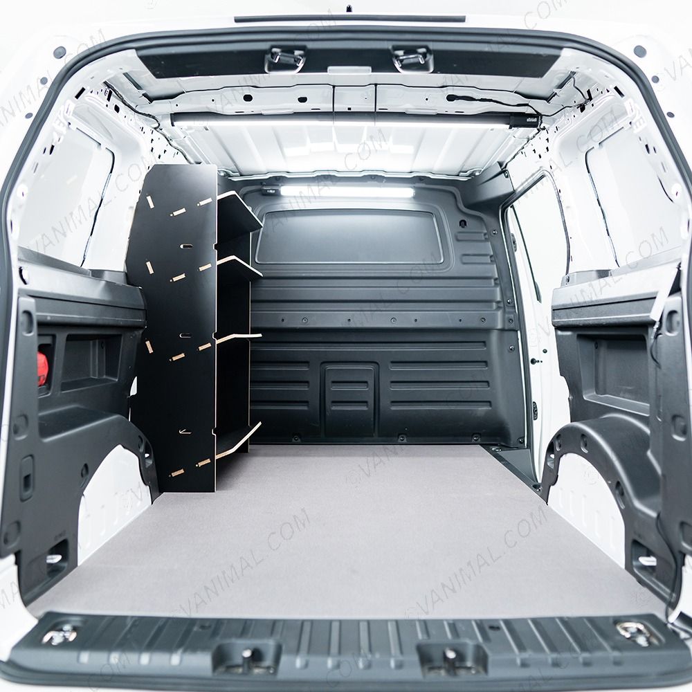 Rear van view of the Peugeot Partner L2 NS Front x4 Angled-In Toolbox Shelves Hexaboard Van Racking