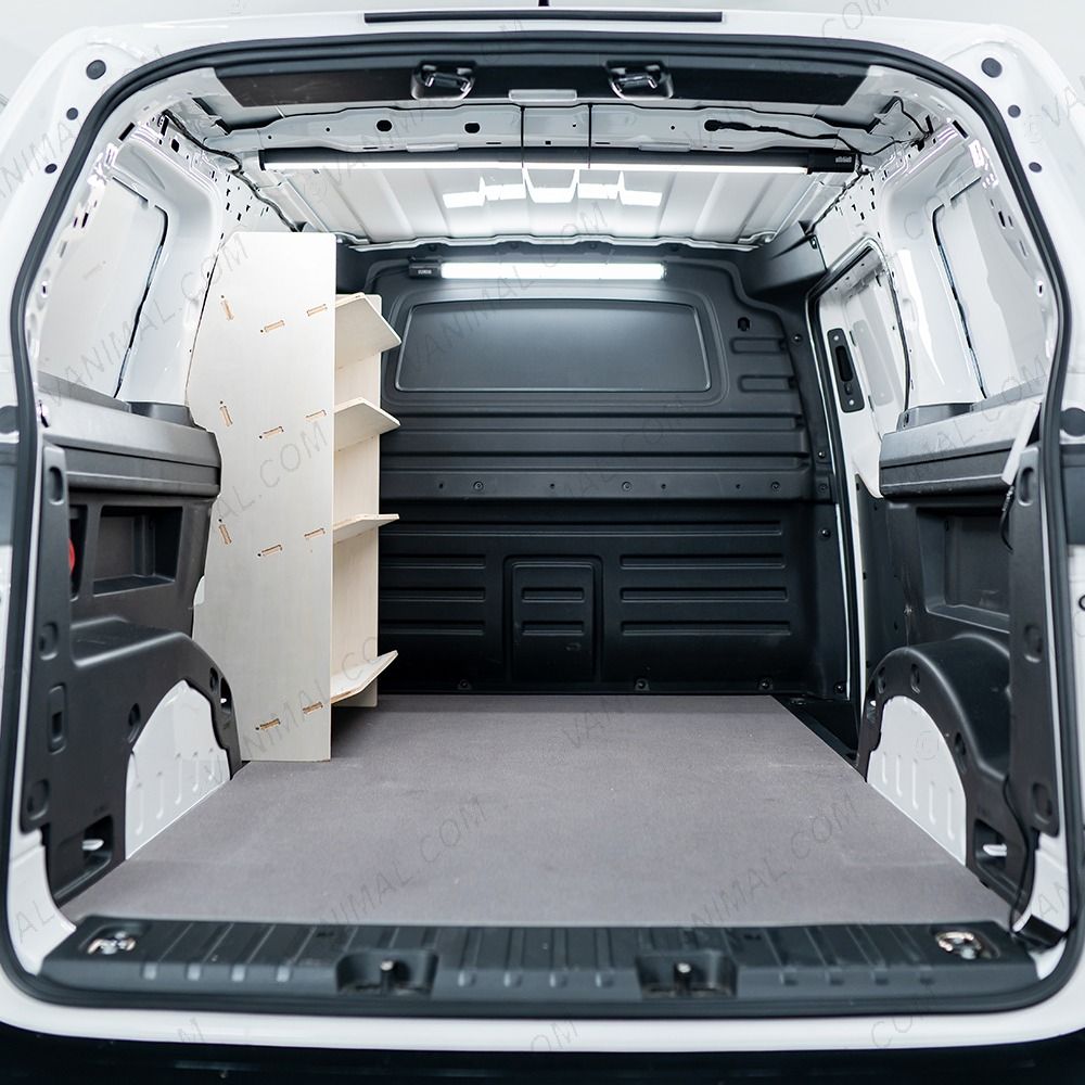Rear van view of the Peugeot Partner L2 NS Front x4 Angled-In Toolbox Shelves Van Racking