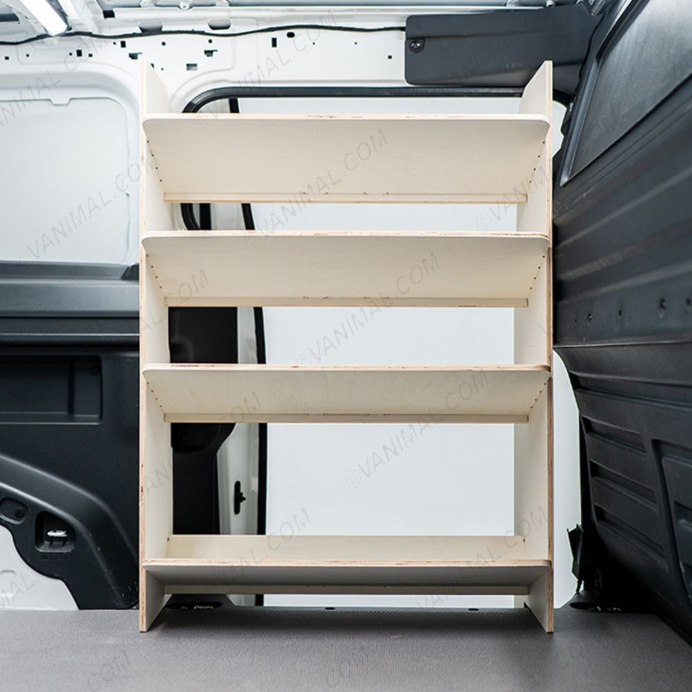 Side van view of the Peugeot Partner L2 NS Front x4 Angled-In Toolbox Shelves Van Racking