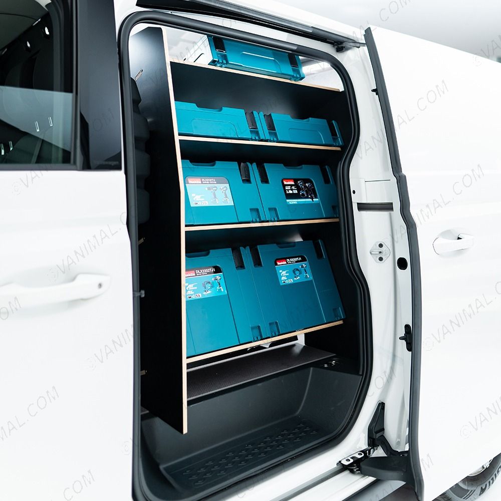 Passenger side angle view of the Proace City Long Double Front NS Side Load & OS Toolbox Hexaboard Van Racking - makita boxes displayed