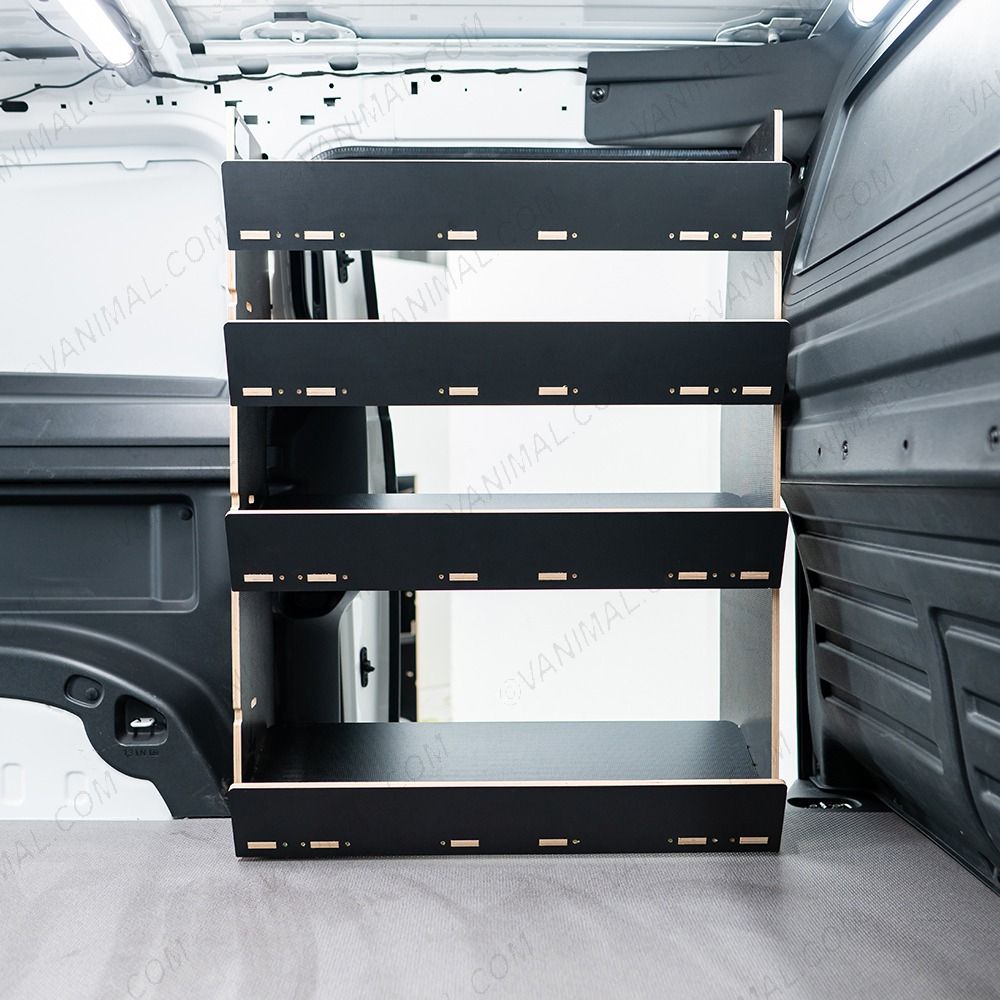 Driver side van view of the Proace City Long Double Front NS Side Load & OS Toolbox Hexaboard Van Racking - sliding door displayed open