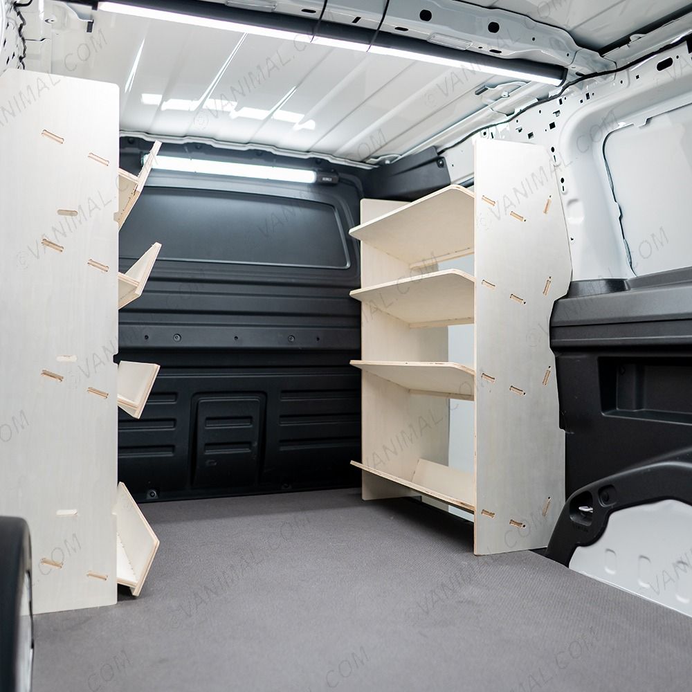 OS side angle view of the Peugeot Partner L2 Double Front NS Side Load & OS Toolbox Van Racking