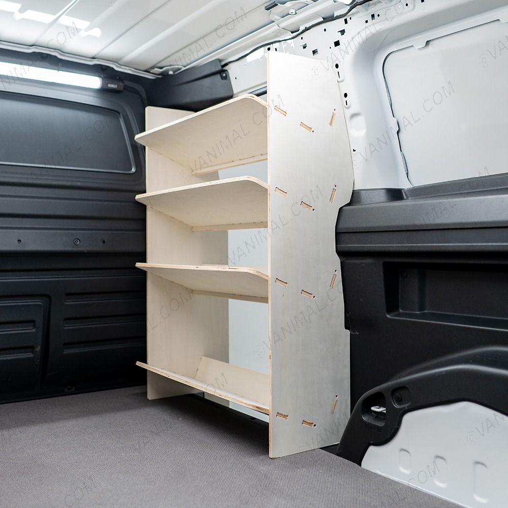 Close-up view of the OS side angle view of the Peugeot Partner L2 Double Front NS Side Load & OS Toolbox Van Racking