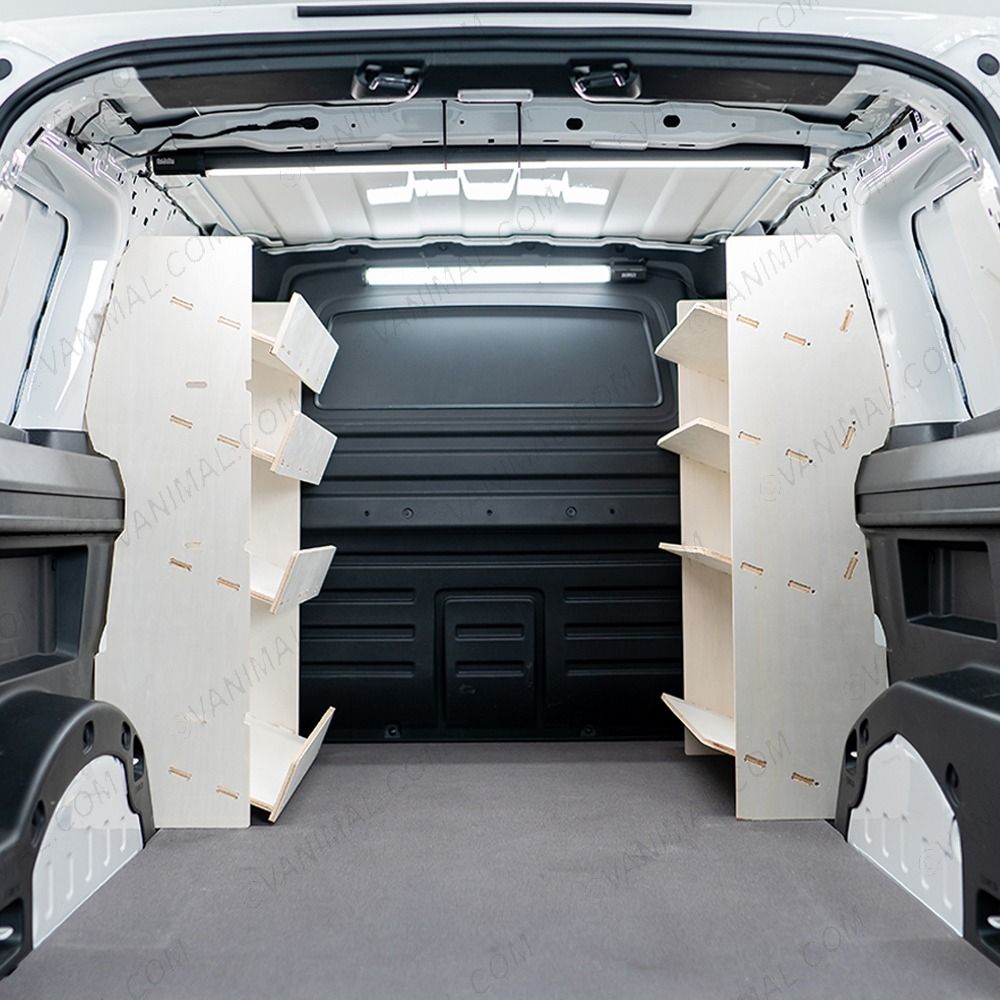 Rear van view of the Partner L2 Double Front NS Side Load & OS Toolbox Van Racking