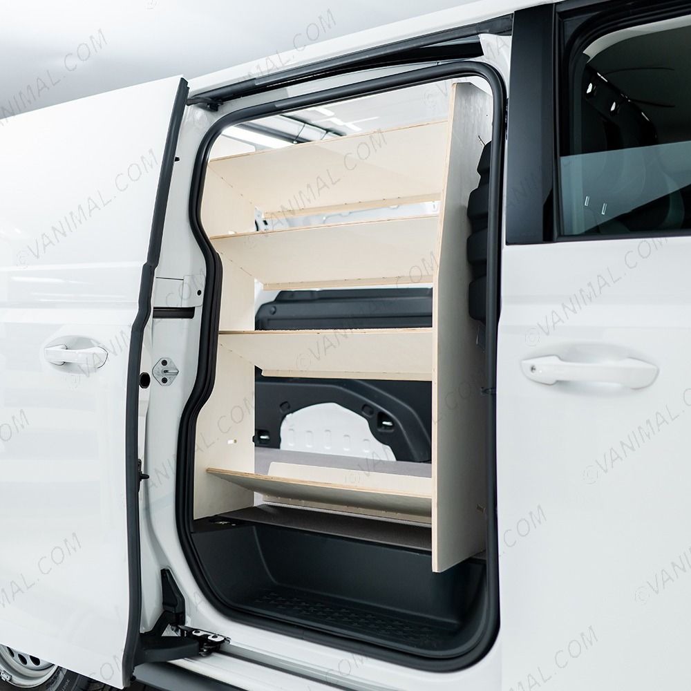 Driver side angle view of the Peugeot Partner L2 Double Front Side Load Toolbox Shelving Van Racking