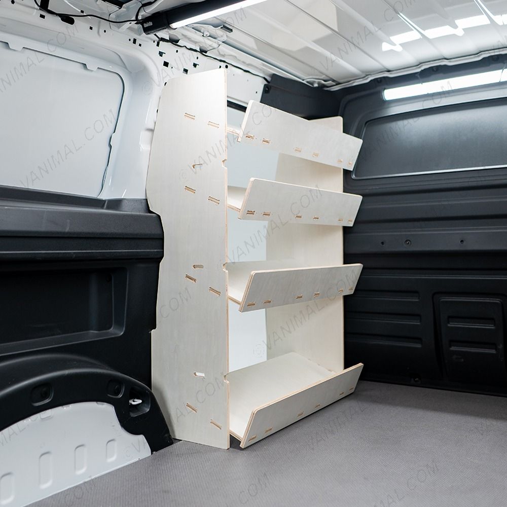 Close-up view of the NS side angle view of the Peugeot Partner L2 Double Front Side Load Toolbox Shelving Van Racking