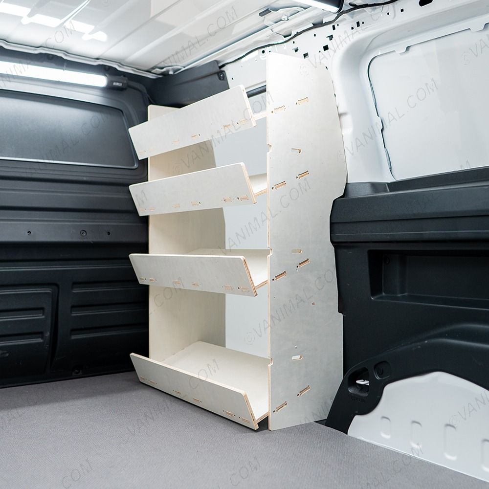 Close-up view of the OS side angle view of the Peugeot Partner L2 Double Front Side Load Toolbox Shelving Van Racking