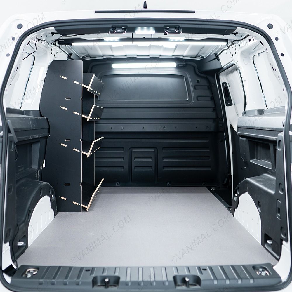 Rear van view of the Peugeot Partner L2 NS Front x4 Side Load Toolbox Shelves Hexaboard Van Racking